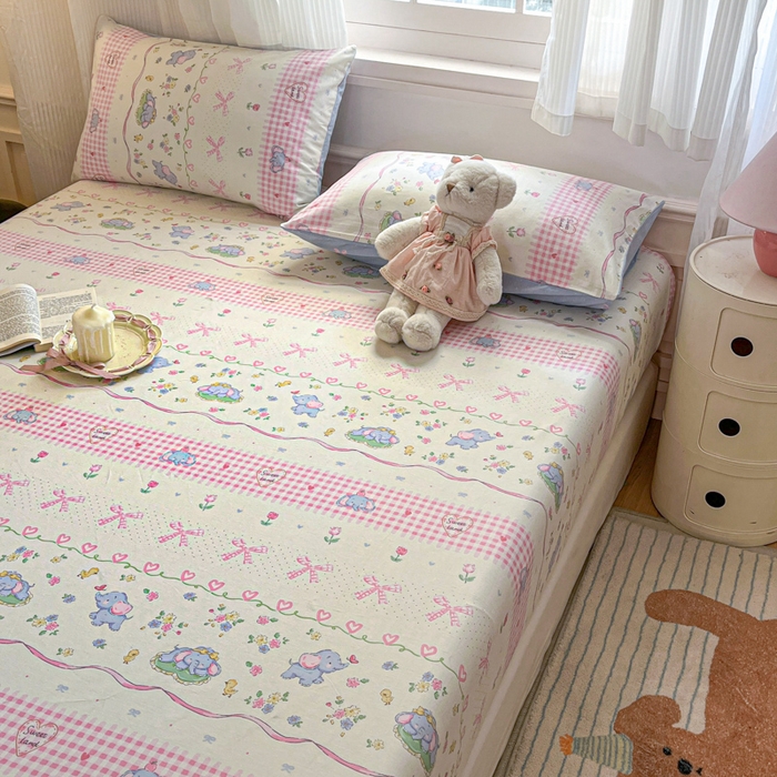 91家纺网 家纺一手货源 找家纺 Sweet dreams甜梦 2025新款全棉纯棉小清新印花床笠单品单床笠床笠单件 花花小象