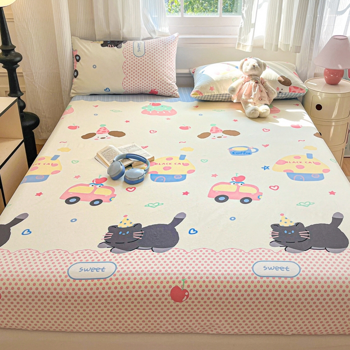 91家纺网 家纺一手货源 找家纺 Sweet dreams甜梦 2025新款全棉纯棉小清新印花床笠单品单床笠床笠单件 蛋糕猫猫