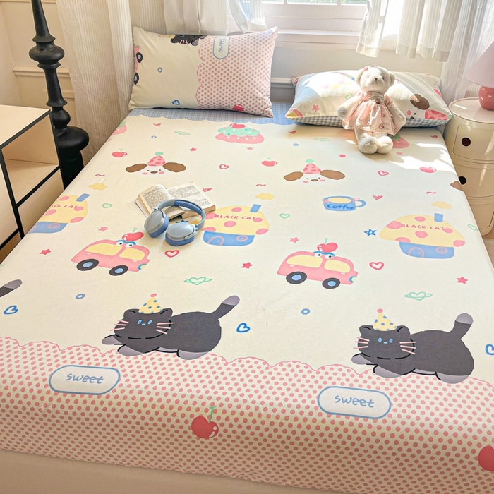 91家纺网 家纺一手货源 找家纺 Sweet dreams甜梦 2025新款全棉纯棉小清新印花床笠单品单床笠床笠单件 蛋糕猫猫