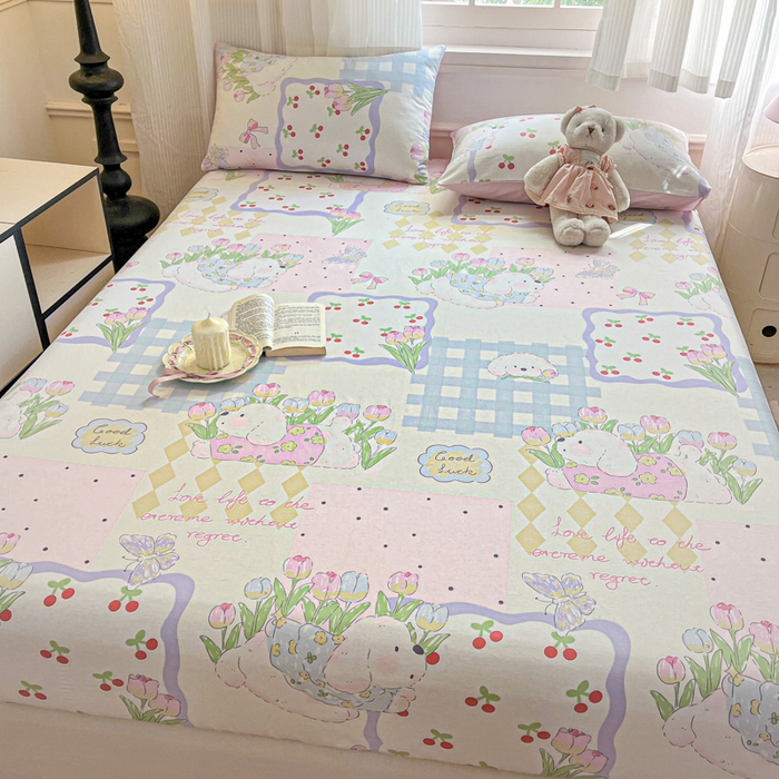 91家纺网 家纺一手货源 找家纺 Sweet dreams甜梦 2025新款全棉纯棉小清新印花床笠单品单床笠床笠单件 郁金香小狗