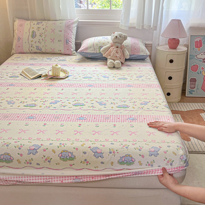 91家纺网 家纺一手货源 找家纺 Sweet dreams甜梦 2025新款全棉纯棉小清新印花床笠单品单床笠床笠单件 花花小象