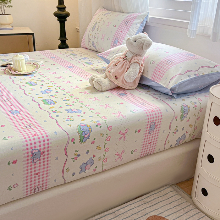91家纺网 家纺一手货源 找家纺 Sweet dreams甜梦 2025新款全棉纯棉小清新印花床笠单品单床笠床笠单件 花花小象