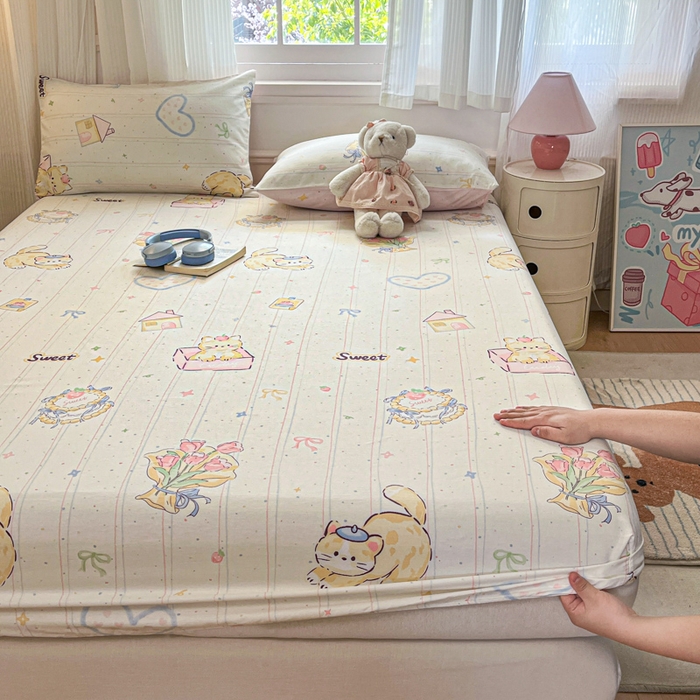 91家纺网 家纺一手货源 找家纺 Sweet dreams甜梦 2025新款全棉纯棉小清新印花床笠单品单床笠床笠单件 花花小猫