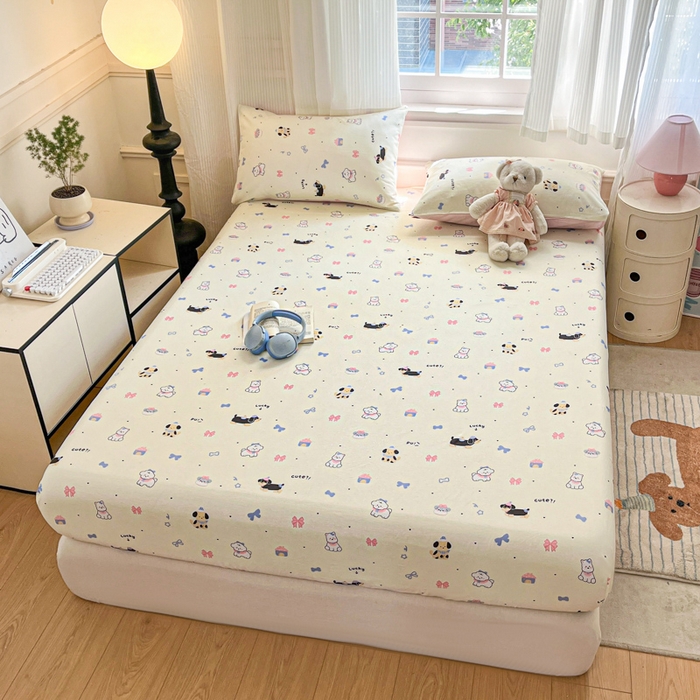 91家纺网 家纺一手货源 找家纺 Sweet dreams甜梦 2025新款全棉纯棉小清新印花床笠单品单床笠床笠单件 蝴蝶结小狗