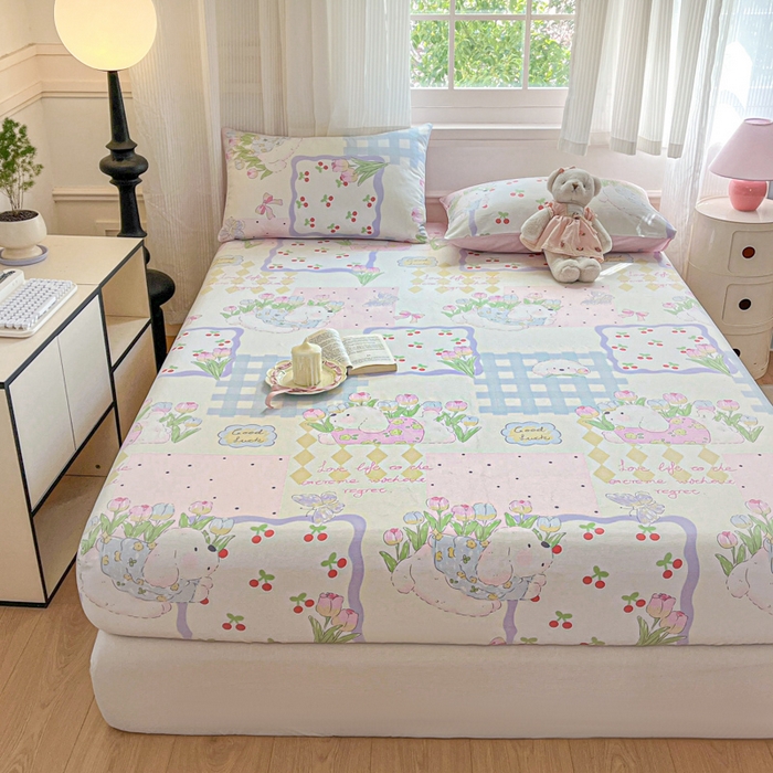 91家纺网 家纺一手货源 找家纺 Sweet dreams甜梦 2025新款全棉纯棉小清新印花床笠单品单床笠床笠单件 郁金香小狗