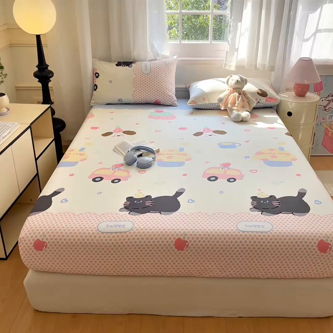 91家纺网 家纺一手货源 找家纺 Sweet dreams甜梦 2025新款全棉纯棉小清新印花床笠单品单床笠床笠单件 蛋糕猫猫