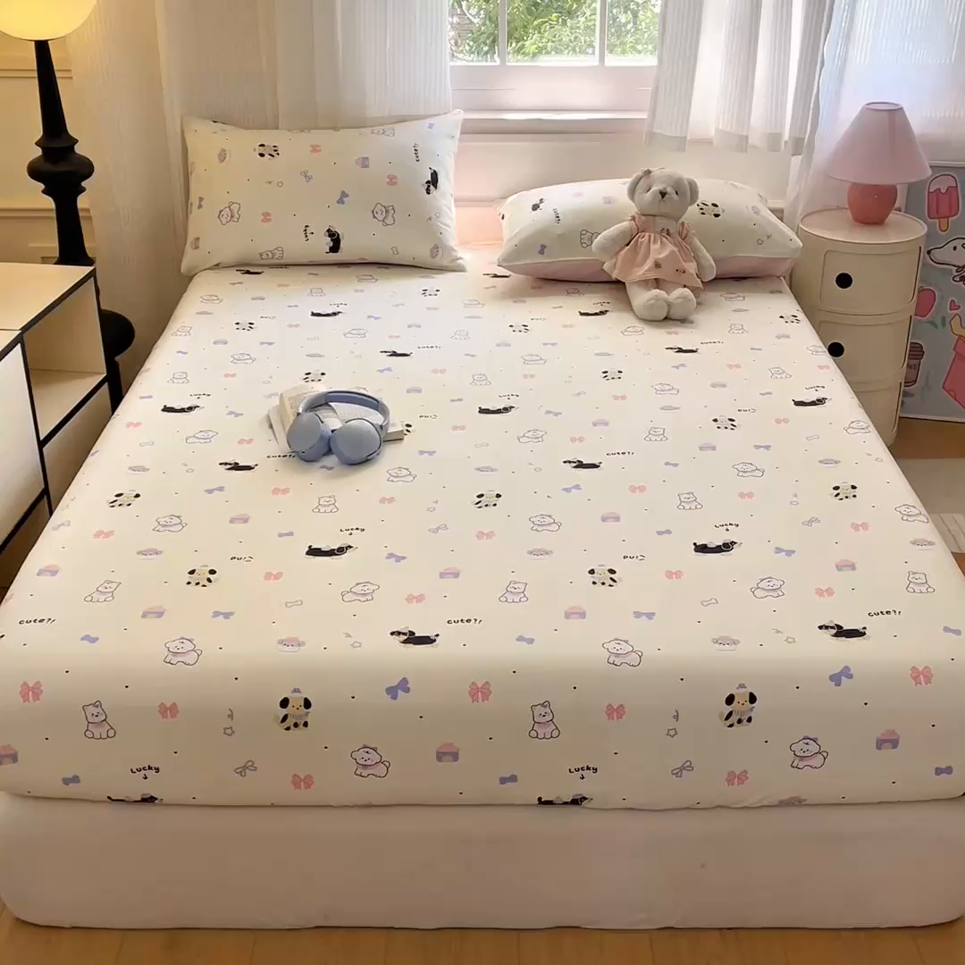 91家纺网 家纺一手货源 找家纺 Sweet dreams甜梦 2025新款全棉纯棉小清新印花床笠单品单床笠床笠单件 蝴蝶结小狗