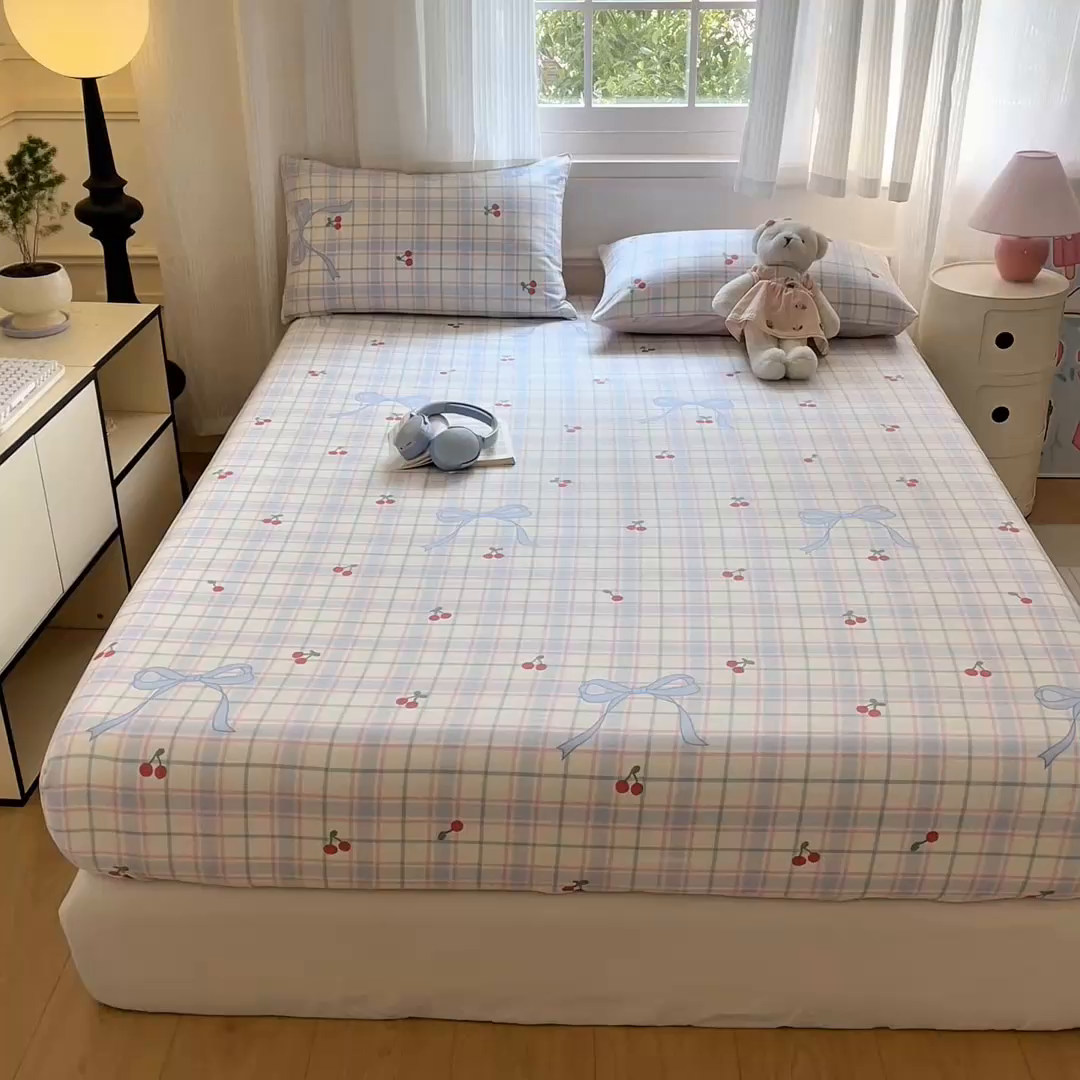 91家纺网 家纺一手货源 找家纺 Sweet dreams甜梦 2025新款全棉纯棉小清新印花床笠单品单床笠床笠单件 蝴蝶结樱桃