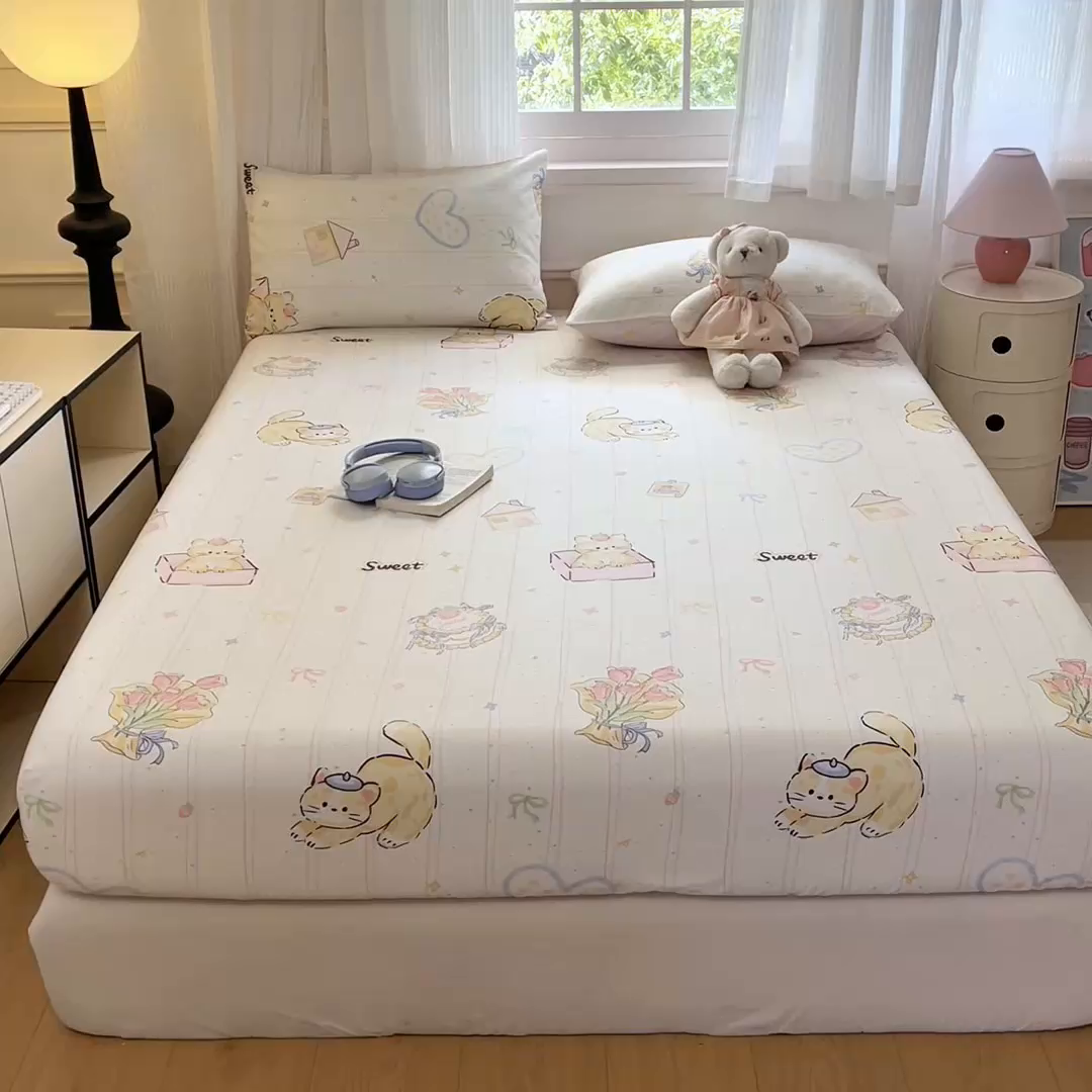 91家纺网 家纺一手货源 找家纺 Sweet dreams甜梦 2025新款全棉纯棉小清新印花床笠单品单床笠床笠单件 花花小猫