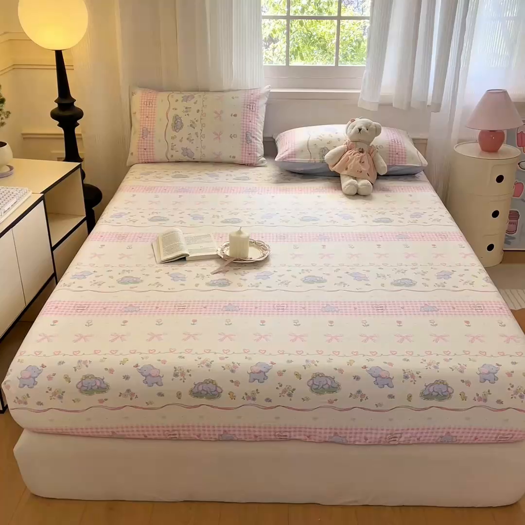 91家纺网 家纺一手货源 找家纺 Sweet dreams甜梦 2025新款全棉纯棉小清新印花床笠单品单床笠床笠单件 花花小象