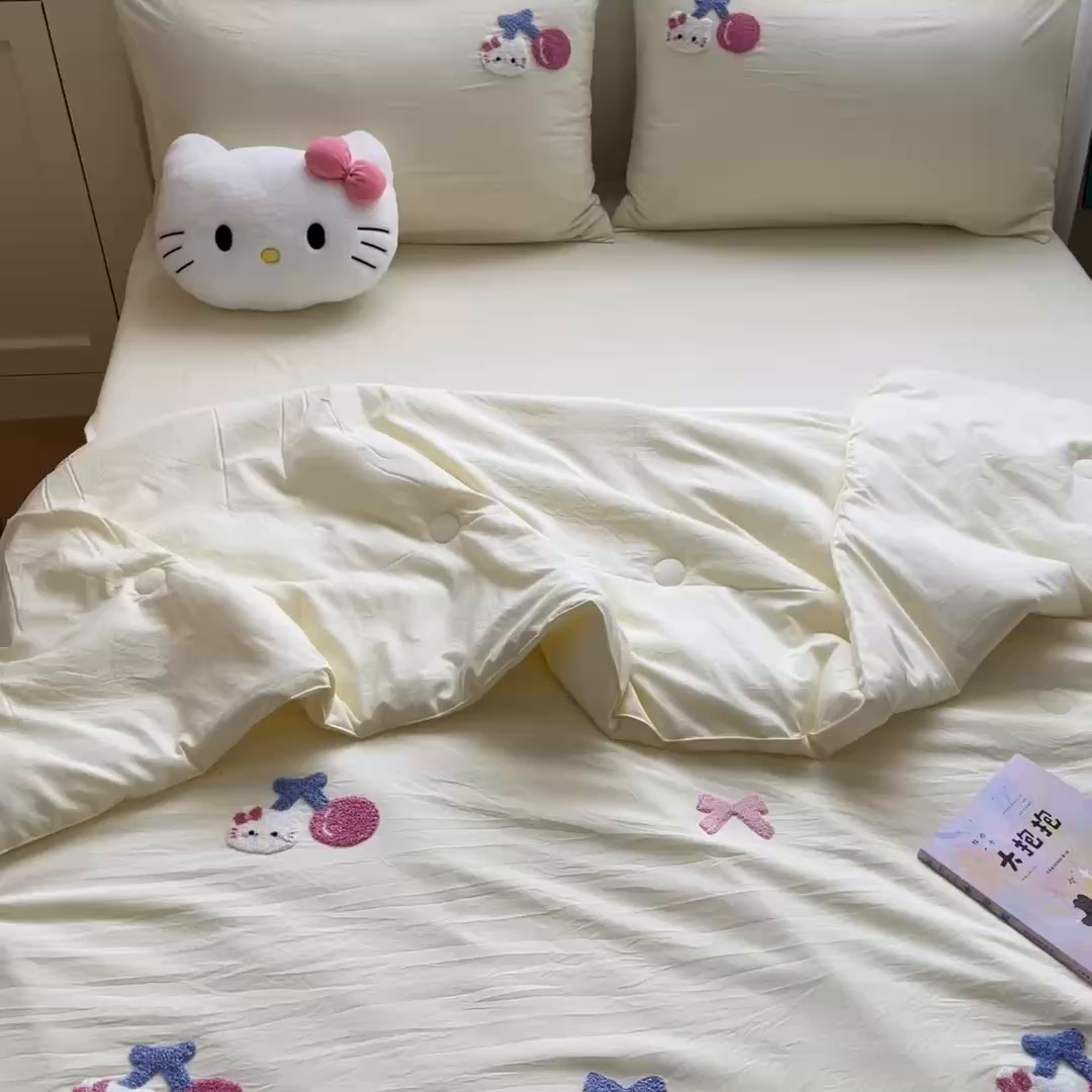 91家纺网 家纺一手货源 找家纺 Sweet dreams甜梦 2025新款毛巾绣夏被夏凉被空调被四件套 黄小猫