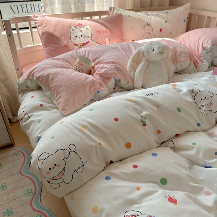 91家纺网 家纺一手货源 找家纺 顾里家纺 2025春夏新款韩系大版云朵棉四件套 波点好友