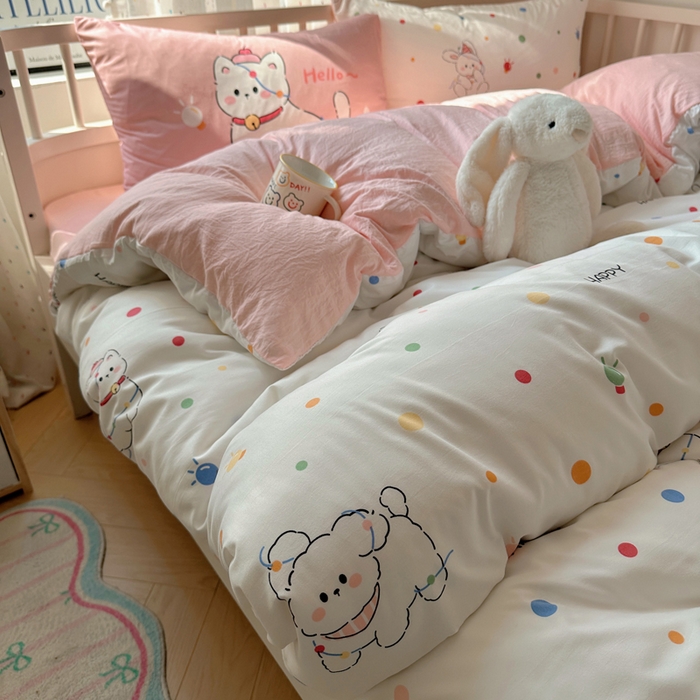 91家纺网 家纺一手货源 找家纺 顾里家纺 2025春夏新款韩系大版云朵棉四件套 波点好友