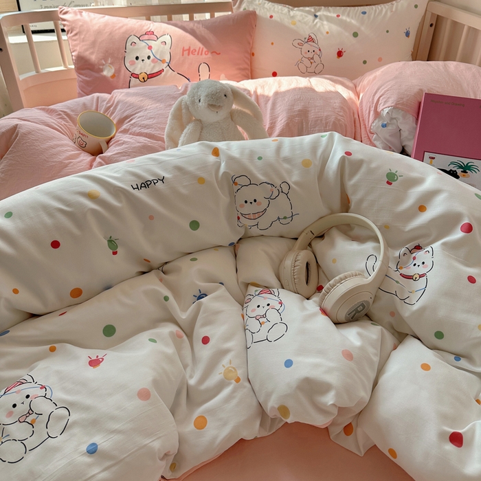 91家纺网 家纺一手货源 找家纺 顾里家纺 2025春夏新款韩系大版云朵棉四件套 波点好友