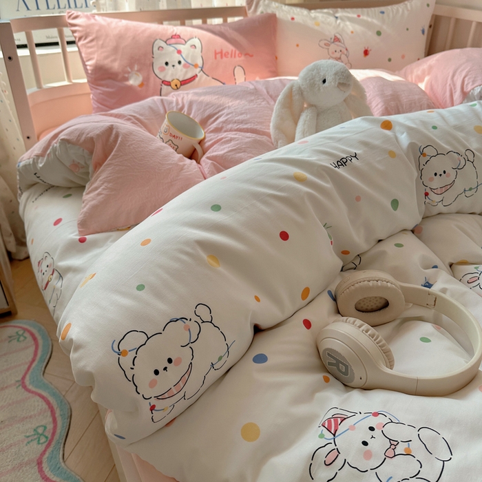 91家纺网 家纺一手货源 找家纺 顾里家纺 2025春夏新款韩系大版云朵棉四件套 波点好友