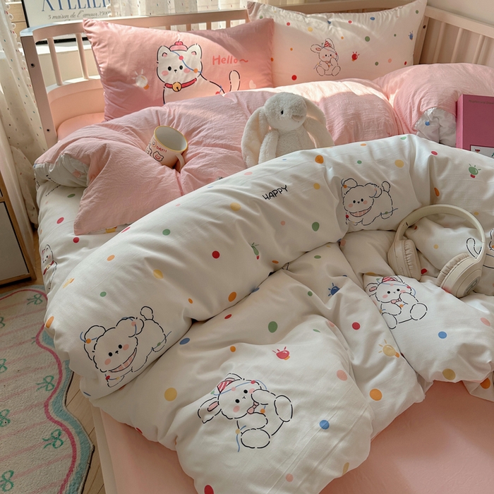 91家纺网 家纺一手货源 找家纺 顾里家纺 2025春夏新款韩系大版云朵棉四件套 波点好友