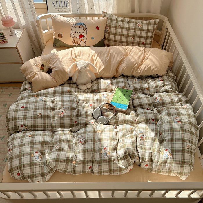 91家纺网 家纺一手货源 找家纺 顾里家纺 2025春夏新款韩系大版云朵棉四件套 复古K猫绿