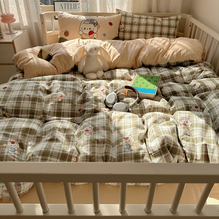 91家纺网 家纺一手货源 找家纺 顾里家纺 2025春夏新款韩系大版云朵棉四件套 复古K猫绿