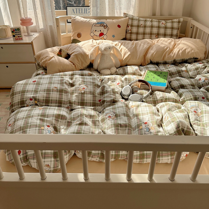 91家纺网 家纺一手货源 找家纺 顾里家纺 2025春夏新款韩系大版云朵棉四件套 复古K猫绿