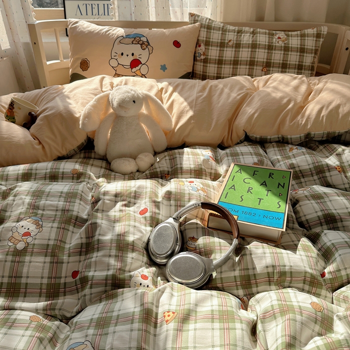 91家纺网 家纺一手货源 找家纺 顾里家纺 2025春夏新款韩系大版云朵棉四件套 复古K猫绿