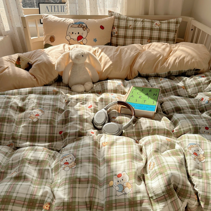 91家纺网 家纺一手货源 找家纺 顾里家纺 2025春夏新款韩系大版云朵棉四件套 复古K猫绿