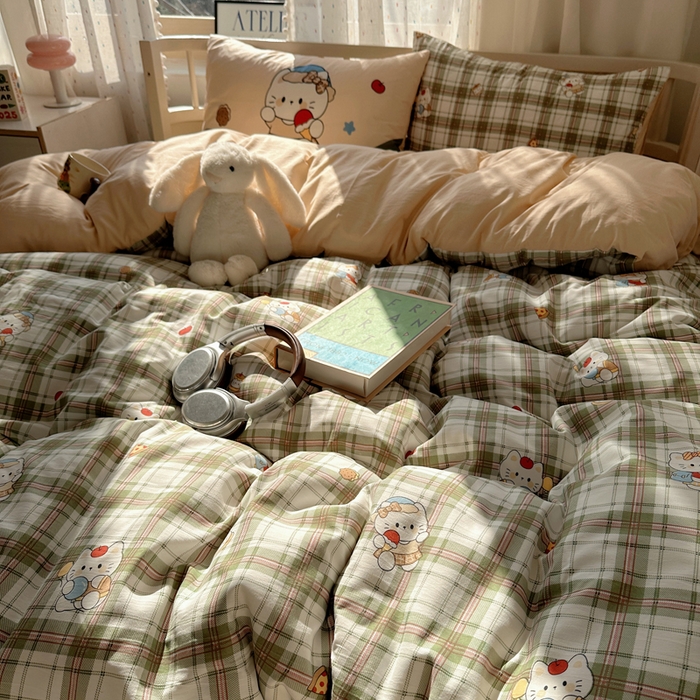 91家纺网 家纺一手货源 找家纺 顾里家纺 2025春夏新款韩系大版云朵棉四件套 复古K猫绿