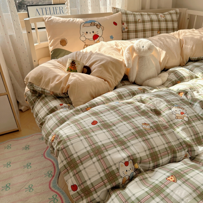 91家纺网 家纺一手货源 找家纺 顾里家纺 2025春夏新款韩系大版云朵棉四件套 复古K猫绿