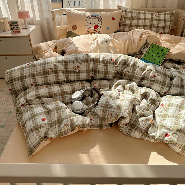 91家纺网 家纺一手货源 找家纺 顾里家纺 2025春夏新款韩系大版云朵棉四件套 复古K猫绿