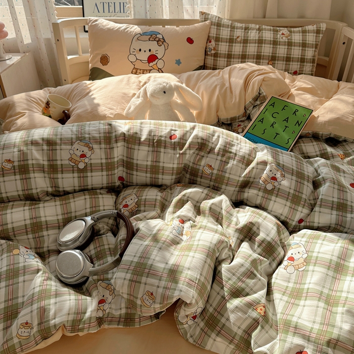 91家纺网 家纺一手货源 找家纺 顾里家纺 2025春夏新款韩系大版云朵棉四件套 复古K猫绿