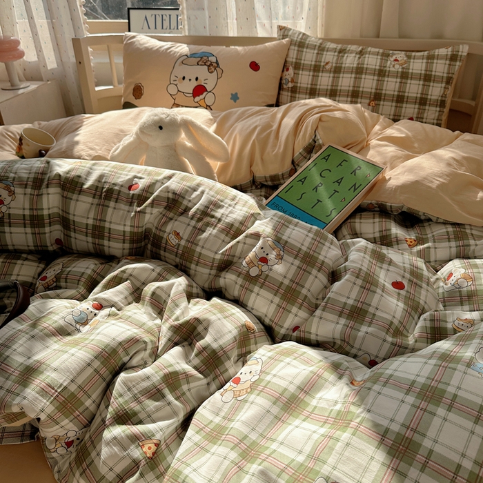 91家纺网 家纺一手货源 找家纺 顾里家纺 2025春夏新款韩系大版云朵棉四件套 复古K猫绿