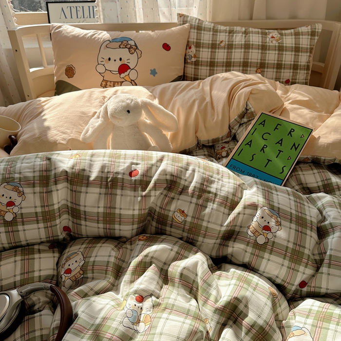 91家纺网 家纺一手货源 找家纺 顾里家纺 2025春夏新款韩系大版云朵棉四件套 复古K猫绿