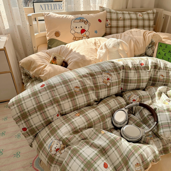 91家纺网 家纺一手货源 找家纺 顾里家纺 2025春夏新款韩系大版云朵棉四件套 复古K猫绿