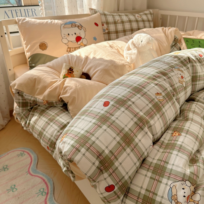 91家纺网 家纺一手货源 找家纺 顾里家纺 2025春夏新款韩系大版云朵棉四件套 复古K猫绿