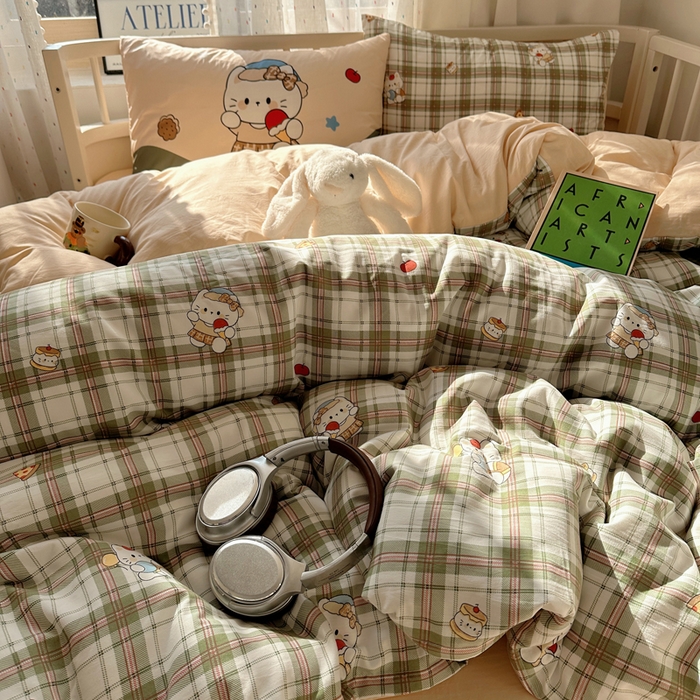 91家纺网 家纺一手货源 找家纺 顾里家纺 2025春夏新款韩系大版云朵棉四件套 复古K猫绿