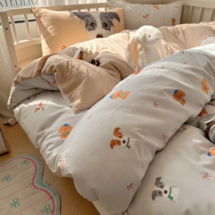 91家纺网 家纺一手货源 找家纺 顾里家纺 2025春夏新款韩系大版云朵棉四件套 狗狗派对