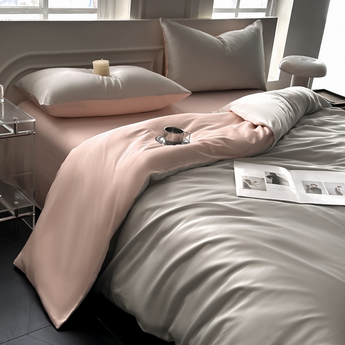 91家纺网 家纺一手货源 找家纺 琪格格纺织 2025春夏新款纯色莱赛尔天丝四件套 莱赛尔-冰川灰配裸粉