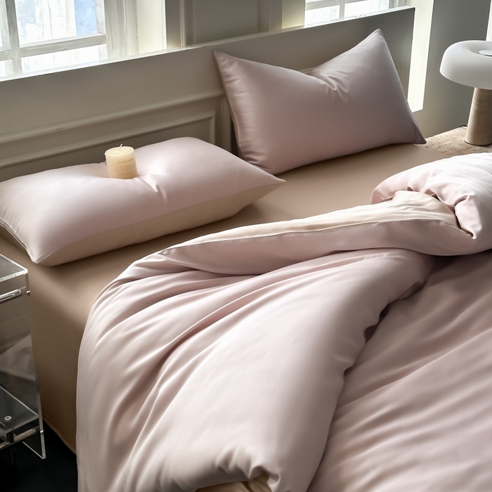 91家纺网 家纺一手货源 找家纺 琪格格纺织 2025春夏新款纯色莱赛尔天丝四件套 莱赛尔-星黛紫配卡其