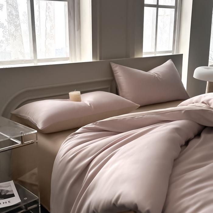 91家纺网 家纺一手货源 找家纺 琪格格纺织 2025春夏新款纯色莱赛尔天丝四件套 莱赛尔-星黛紫配卡其