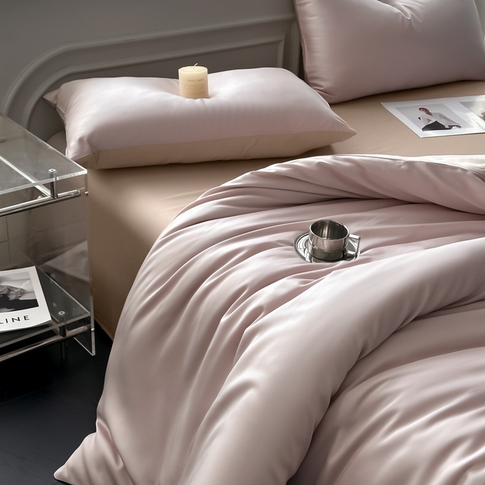 91家纺网 家纺一手货源 找家纺 琪格格纺织 2025春夏新款纯色莱赛尔天丝四件套 莱赛尔-星黛紫配卡其