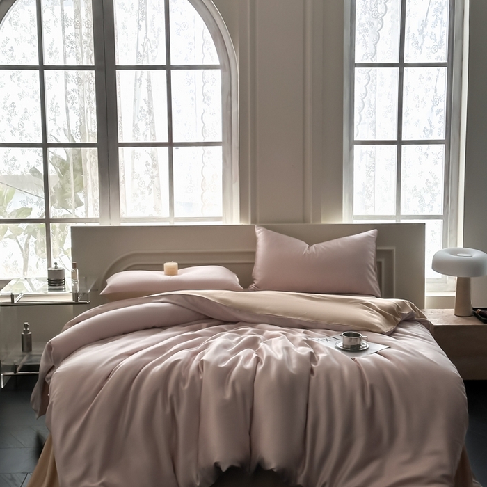 91家纺网 家纺一手货源 找家纺 琪格格纺织 2025春夏新款纯色莱赛尔天丝四件套 莱赛尔-星黛紫配卡其