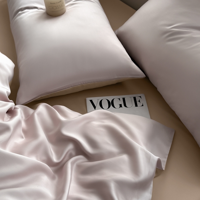 91家纺网 家纺一手货源 找家纺 琪格格纺织 2025春夏新款纯色莱赛尔天丝四件套 莱赛尔-星黛紫配卡其