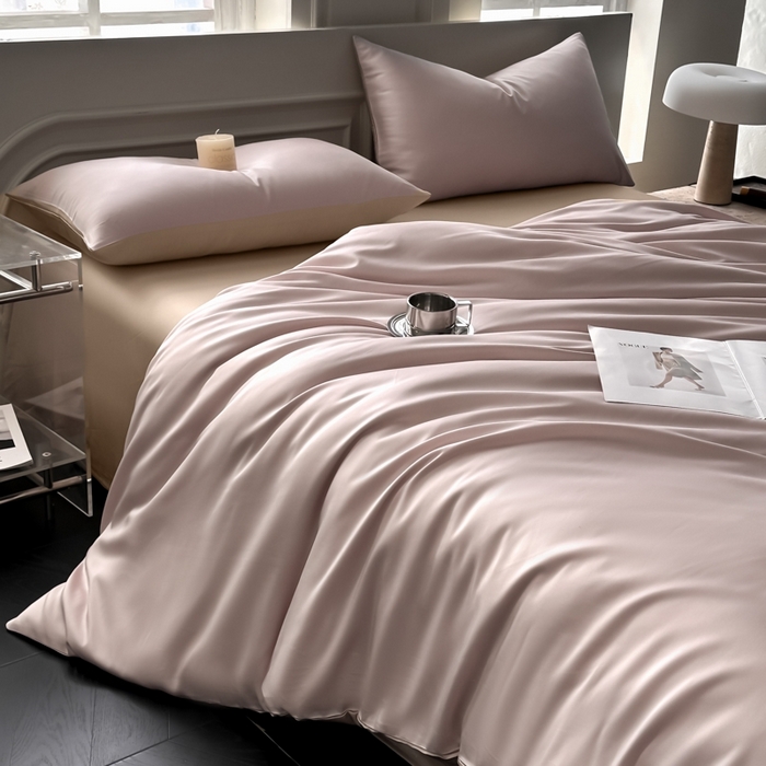 91家纺网 家纺一手货源 找家纺 琪格格纺织 2025春夏新款纯色莱赛尔天丝四件套 莱赛尔-星黛紫配卡其