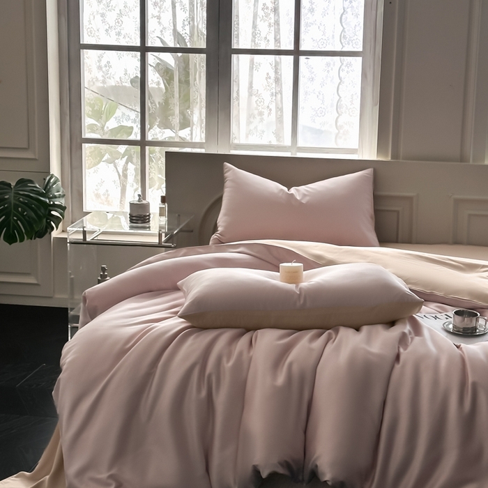 91家纺网 家纺一手货源 找家纺 琪格格纺织 2025春夏新款纯色莱赛尔天丝四件套 莱赛尔-星黛紫配卡其