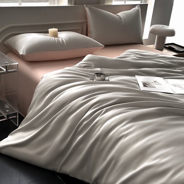 91家纺网 家纺一手货源 找家纺 琪格格纺织 2025春夏新款纯色莱赛尔天丝四件套 莱赛尔-冰川灰配裸粉