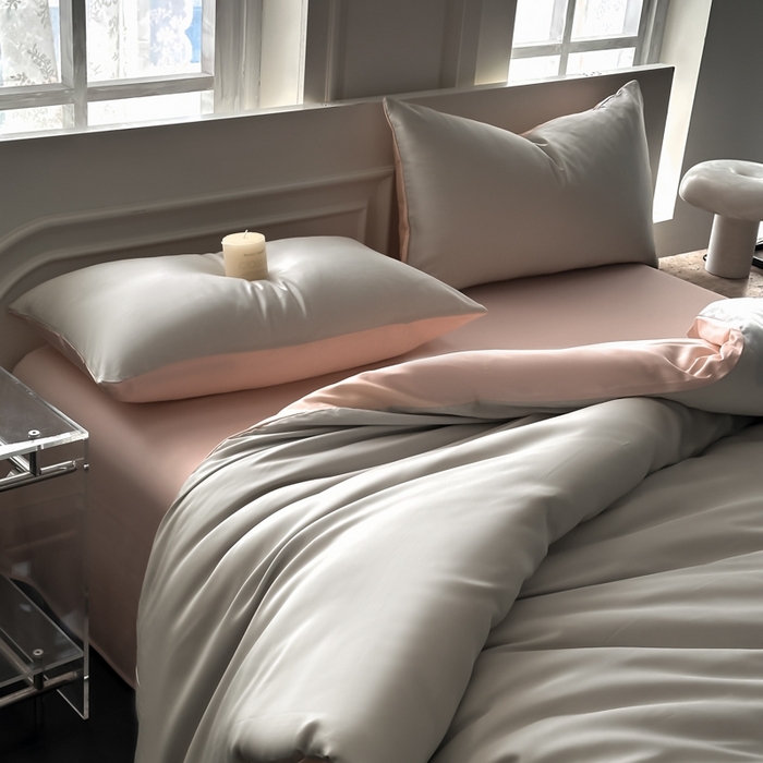 91家纺网 家纺一手货源 找家纺 琪格格纺织 2025春夏新款纯色莱赛尔天丝四件套 莱赛尔-冰川灰配裸粉