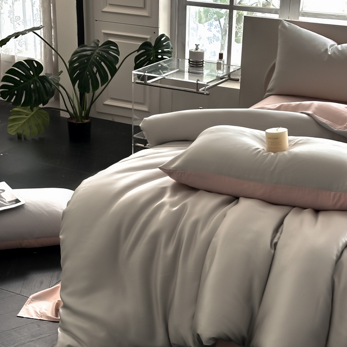 91家纺网 家纺一手货源 找家纺 琪格格纺织 2025春夏新款纯色莱赛尔天丝四件套 莱赛尔-冰川灰配裸粉