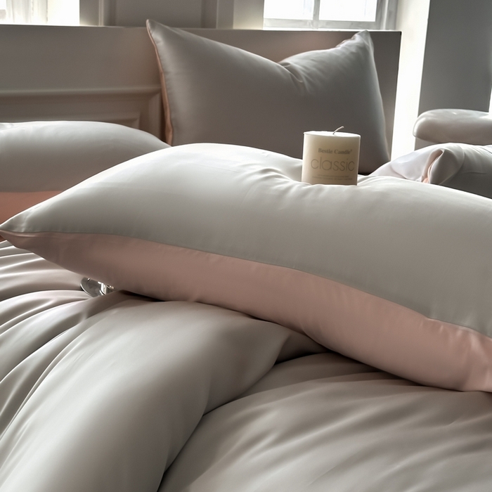 91家纺网 家纺一手货源 找家纺 琪格格纺织 2025春夏新款纯色莱赛尔天丝四件套 莱赛尔-冰川灰配裸粉