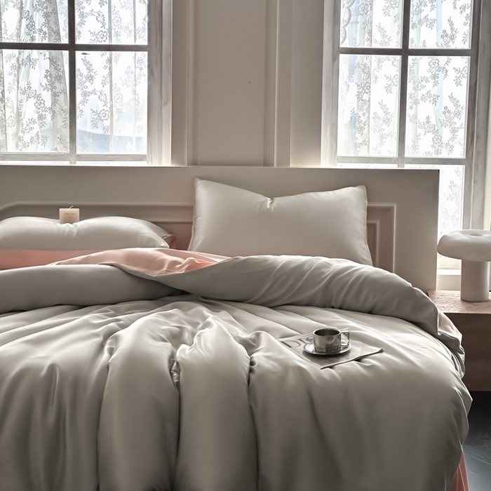 91家纺网 家纺一手货源 找家纺 琪格格纺织 2025春夏新款纯色莱赛尔天丝四件套 莱赛尔-冰川灰配裸粉