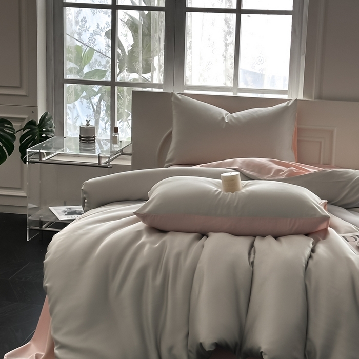 91家纺网 家纺一手货源 找家纺 琪格格纺织 2025春夏新款纯色莱赛尔天丝四件套 莱赛尔-冰川灰配裸粉