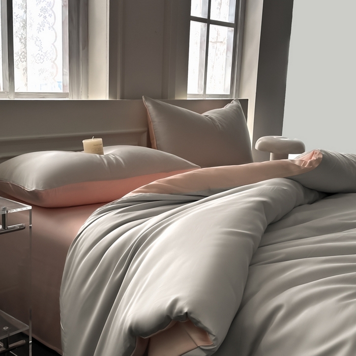 91家纺网 家纺一手货源 找家纺 琪格格纺织 2025春夏新款纯色莱赛尔天丝四件套 莱赛尔-冰川灰配裸粉